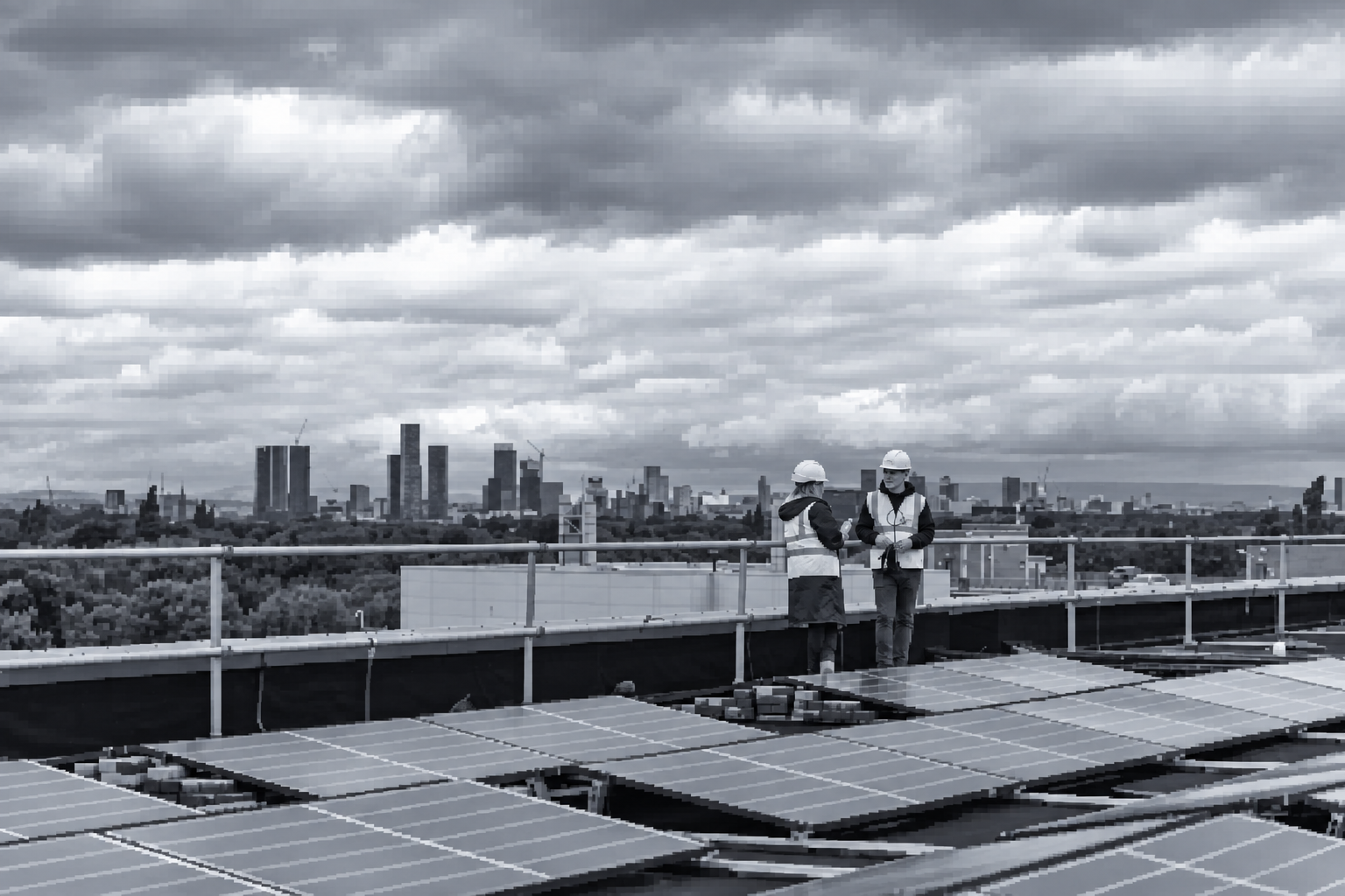 Deux professionnels sur une toiture solaire
